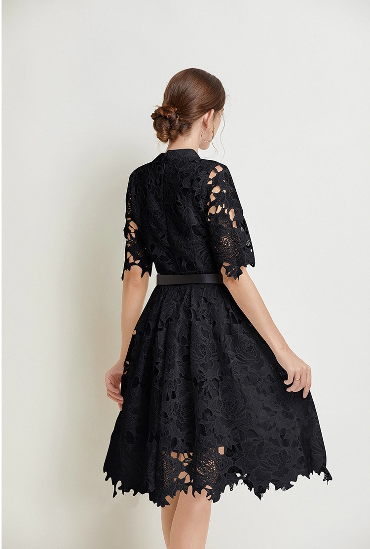 French Lace high Neck Short Dress With Belt - 812368811391_BLA