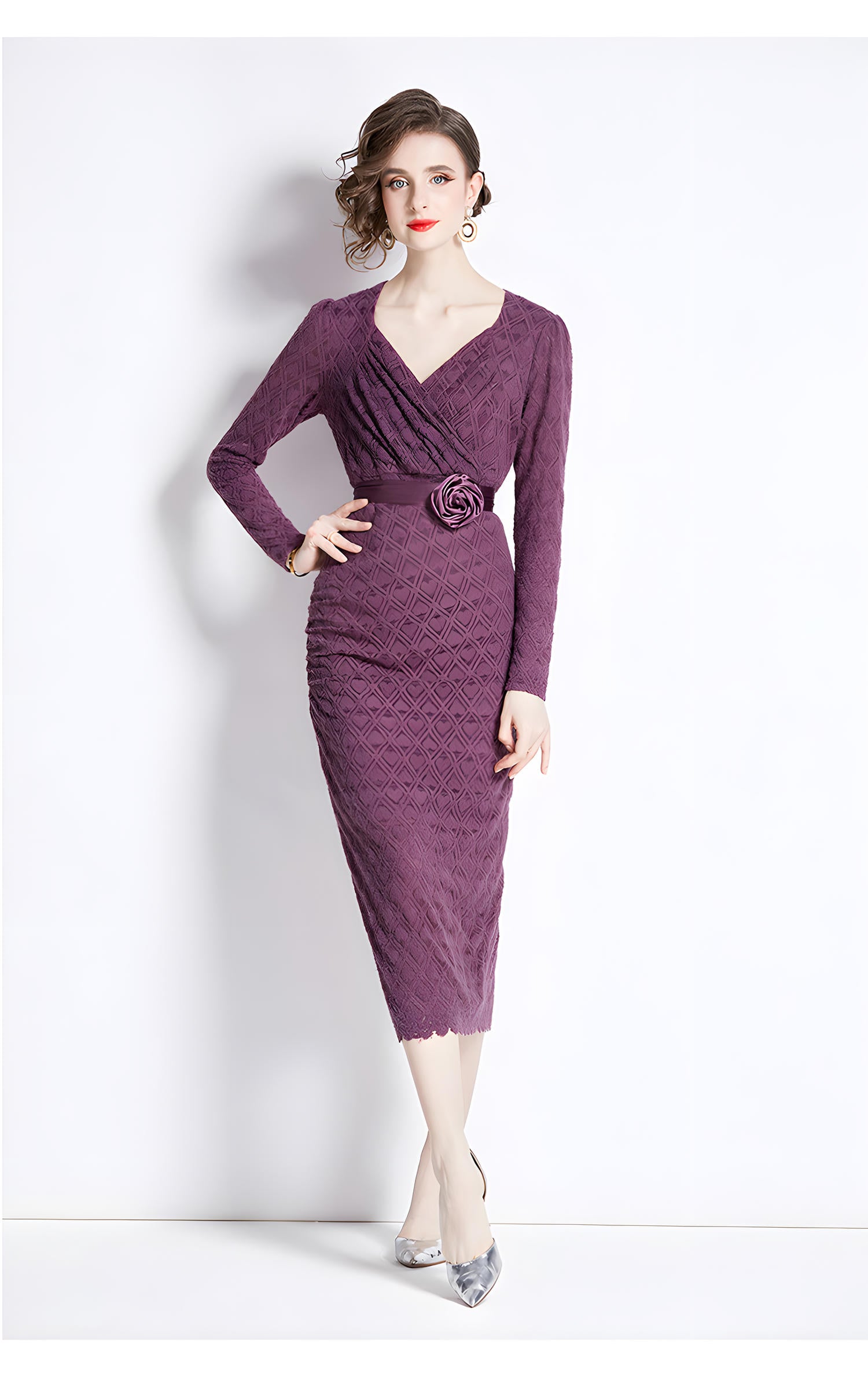 Heart Texture Design Back Split V Neck Purple Body-fit Dress With Rose Belt - 755217051926_PUR