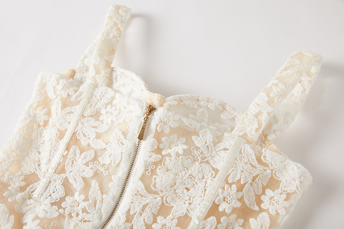 Ivory Lace Garden Dress with Heavy Embroidered Mesh Flocking and Corset Top - 821764686977_BEI (EOSS)