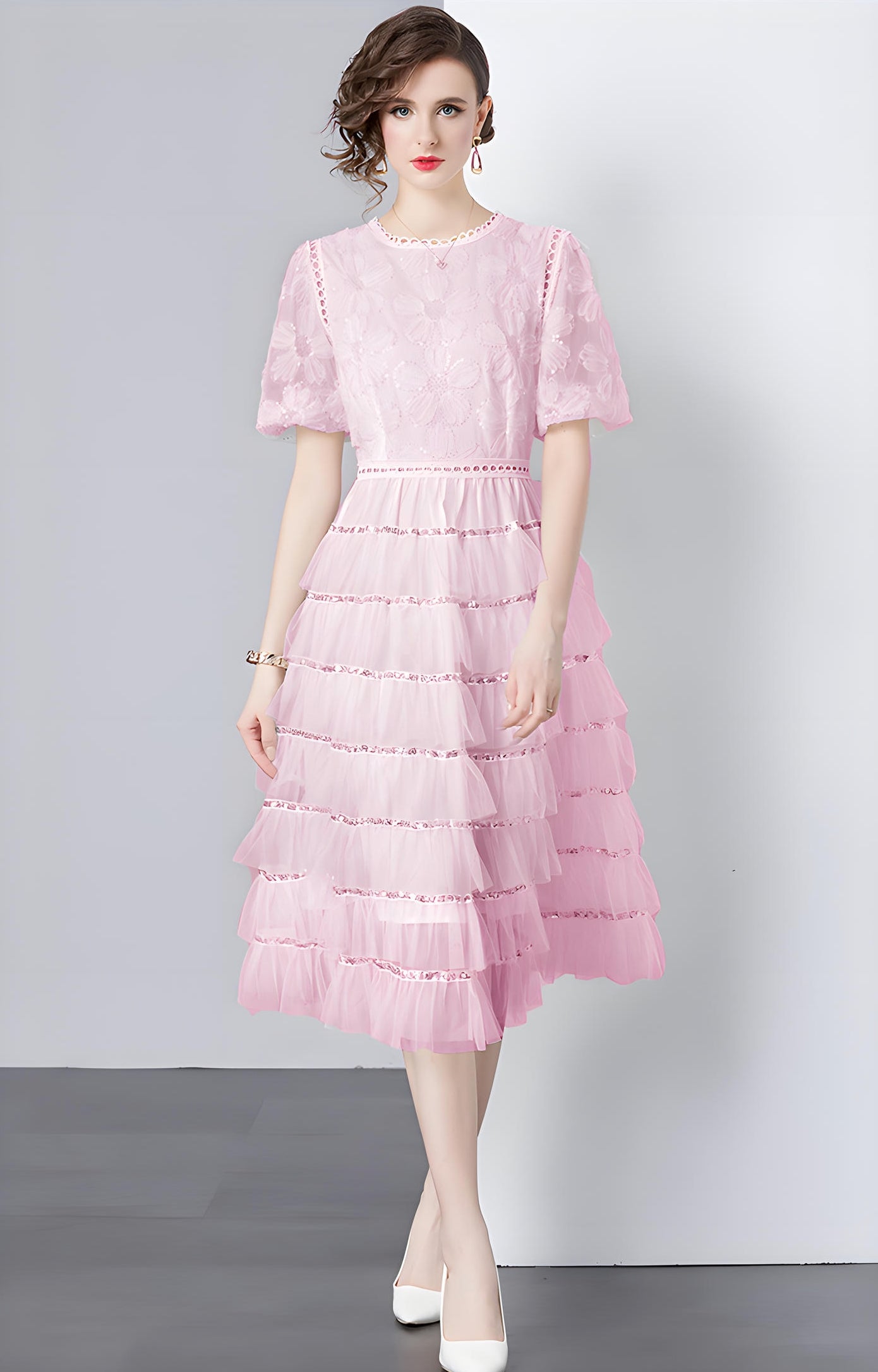 Multilayer Sequinned Mesh Skirt Flower Embroidered Vest Dress - 787365833312_PIN