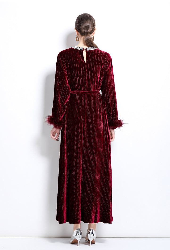 Diamond Embellished Heat Set Self Texture Velvet Dress - 855961209321_CLARET