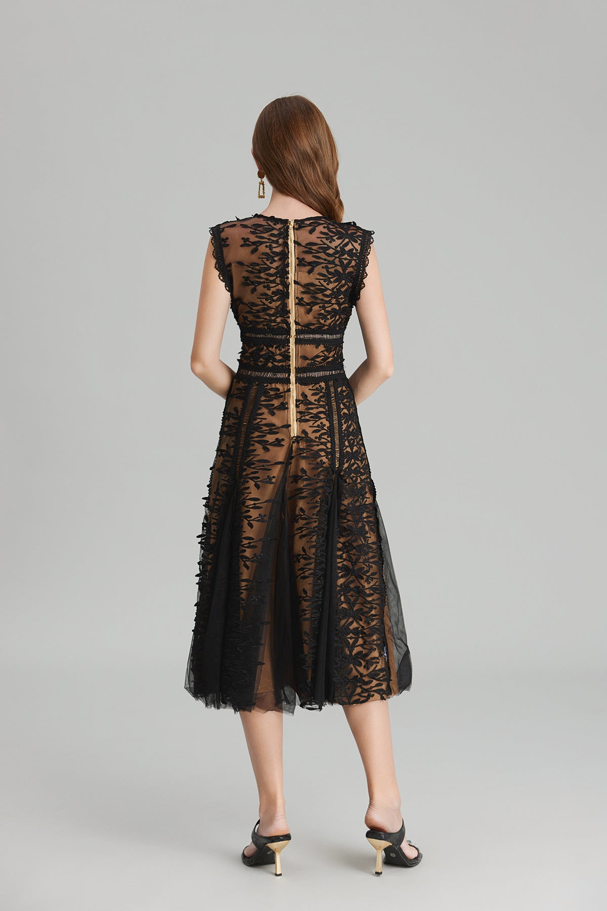 Midnight Noir Lace Midi Dress with Mesh Flocking and Nude Lining - 823734853765_BLA