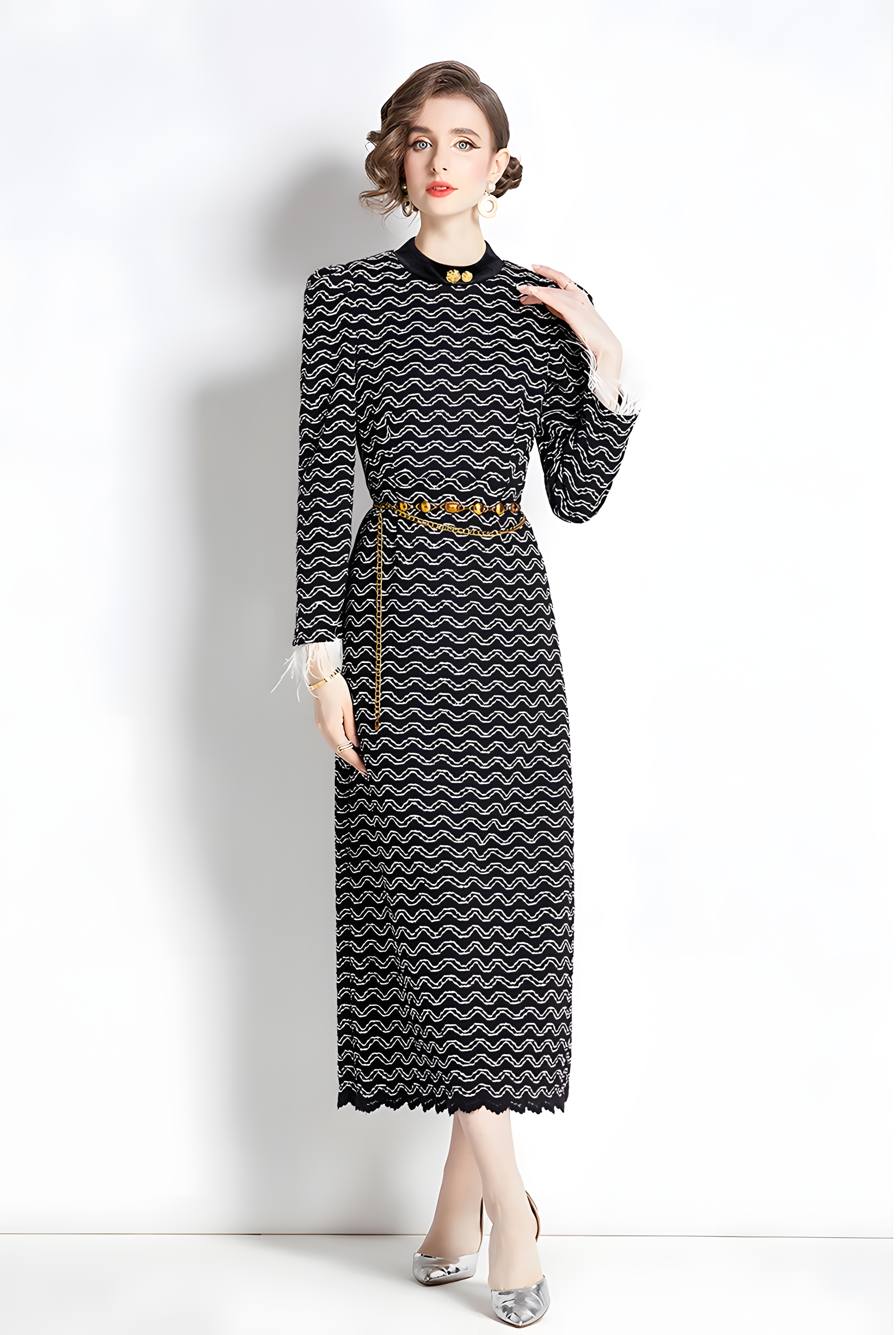 Feather Stitched Full Sleeves Thickened Fabric High Neck Body-fit Dress With Waist Chain - 750531053744_BLA