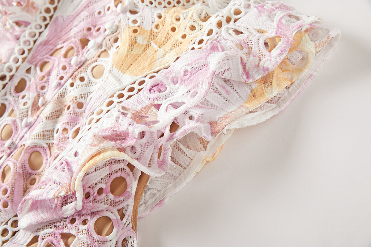 Luxury French Lace Pink Long Dress With Flutter Sleeve - 827491131616_PIN