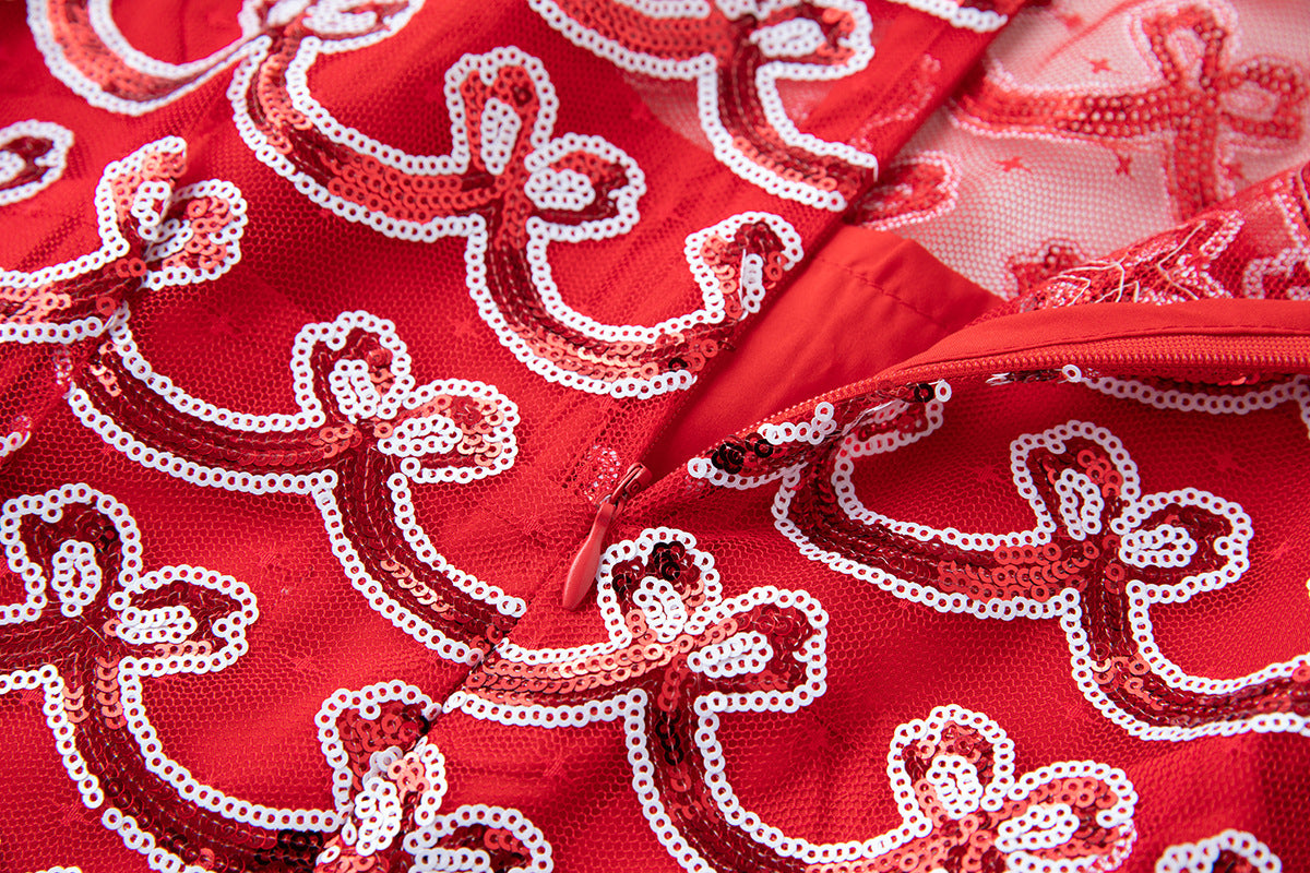 Crimson Symphony Mesh and Sequin Dress - 852089082902_RED