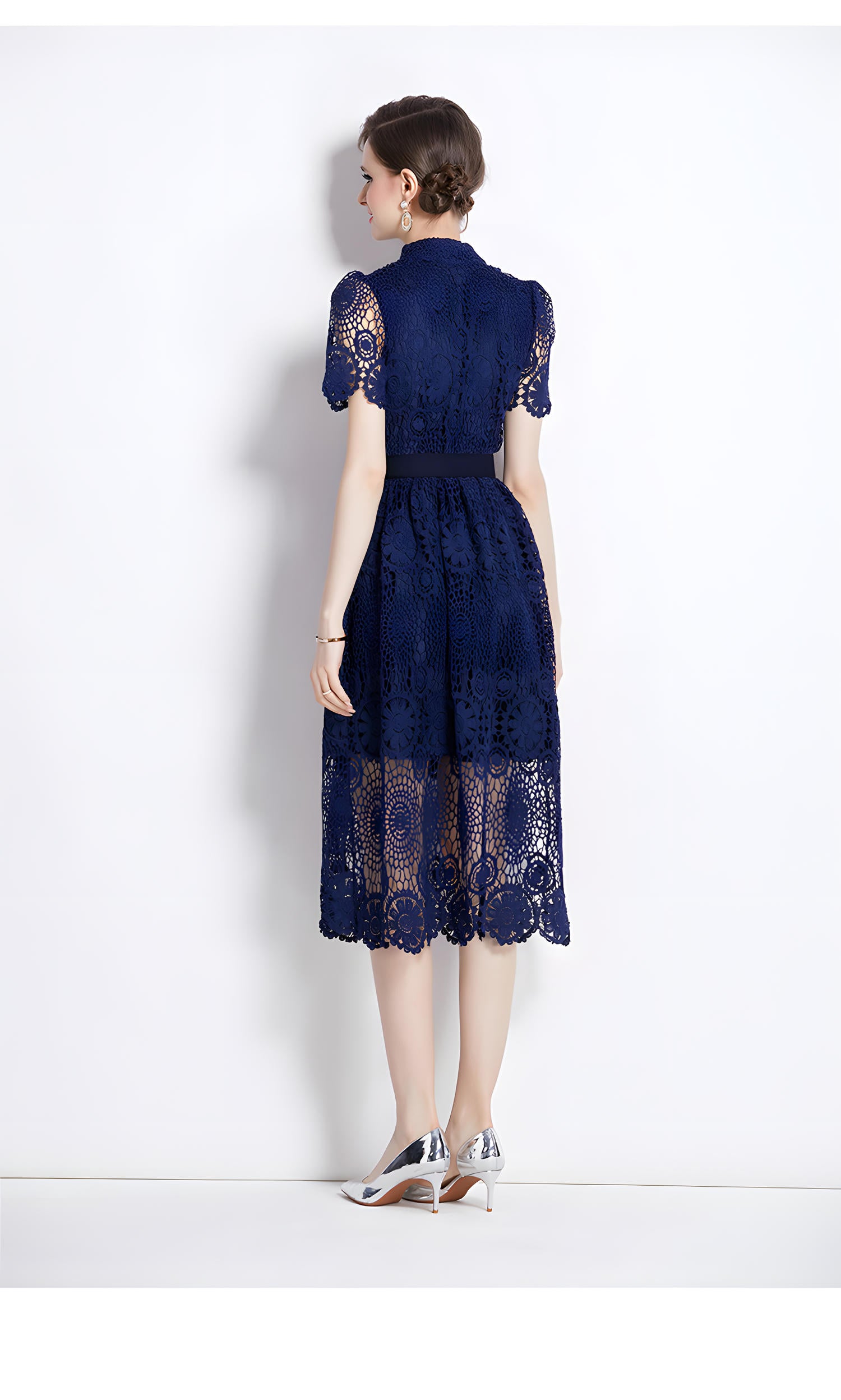 Luxury French Lace High Neck Front Button Navy Dress With Belt - 500#609_NAV