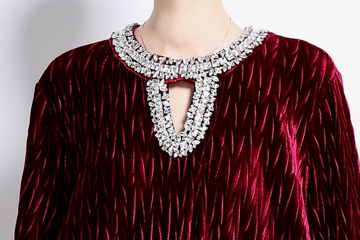 Diamond Embellished Heat Set Self Texture Velvet Dress - 855961209321_CLARET