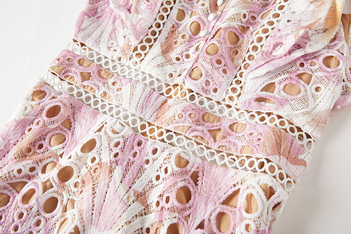 Luxury French Lace Pink Long Dress With Flutter Sleeve - 827491131616_PIN