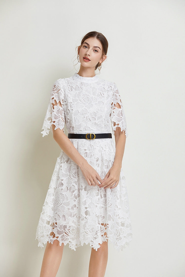 French Lace high Neck Short Dress With Belt - 812368811391_WHI