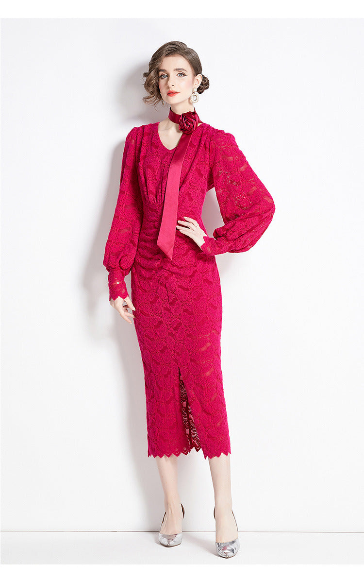 French Lace Long Sleeve V Neck Front Slit Body-fit Dress With Rose Belt - 750531237798_ROS
