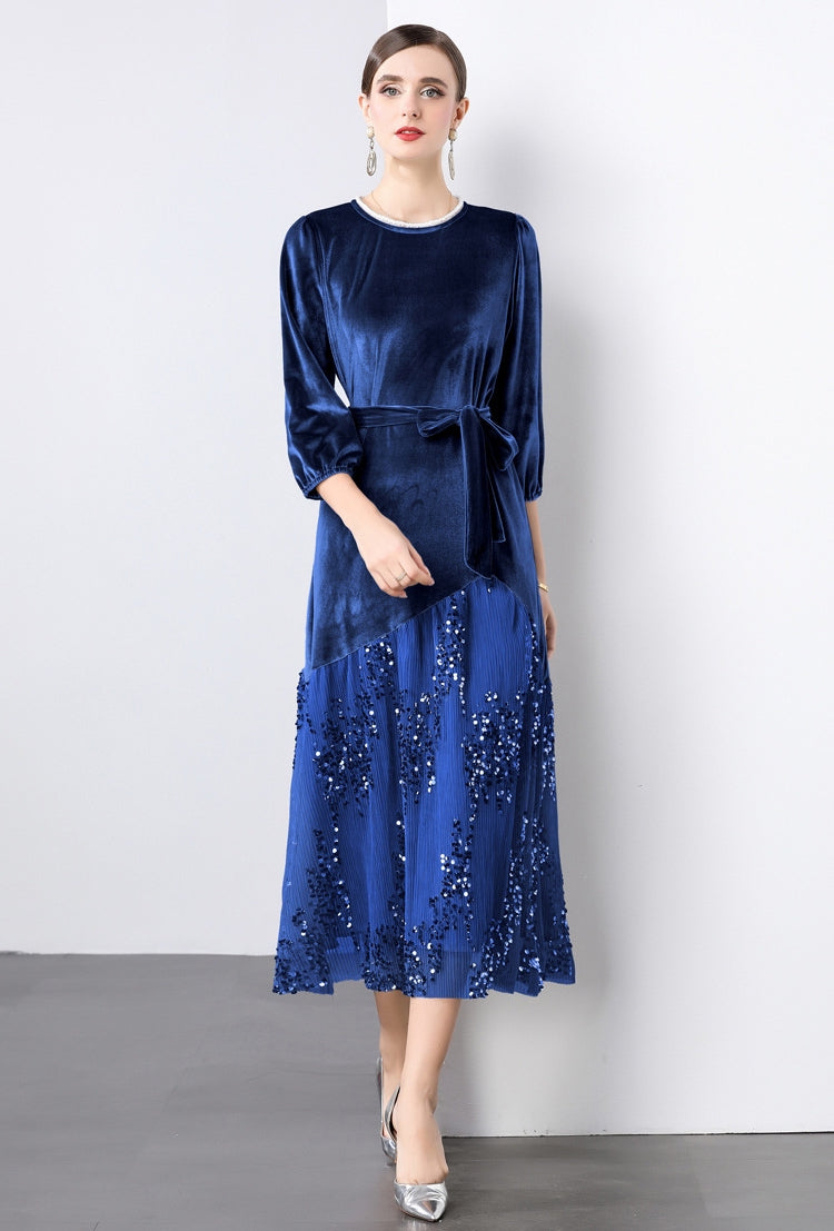 Velvet Mesh and Sequin Embellished Dress - 855932949530_BLUE