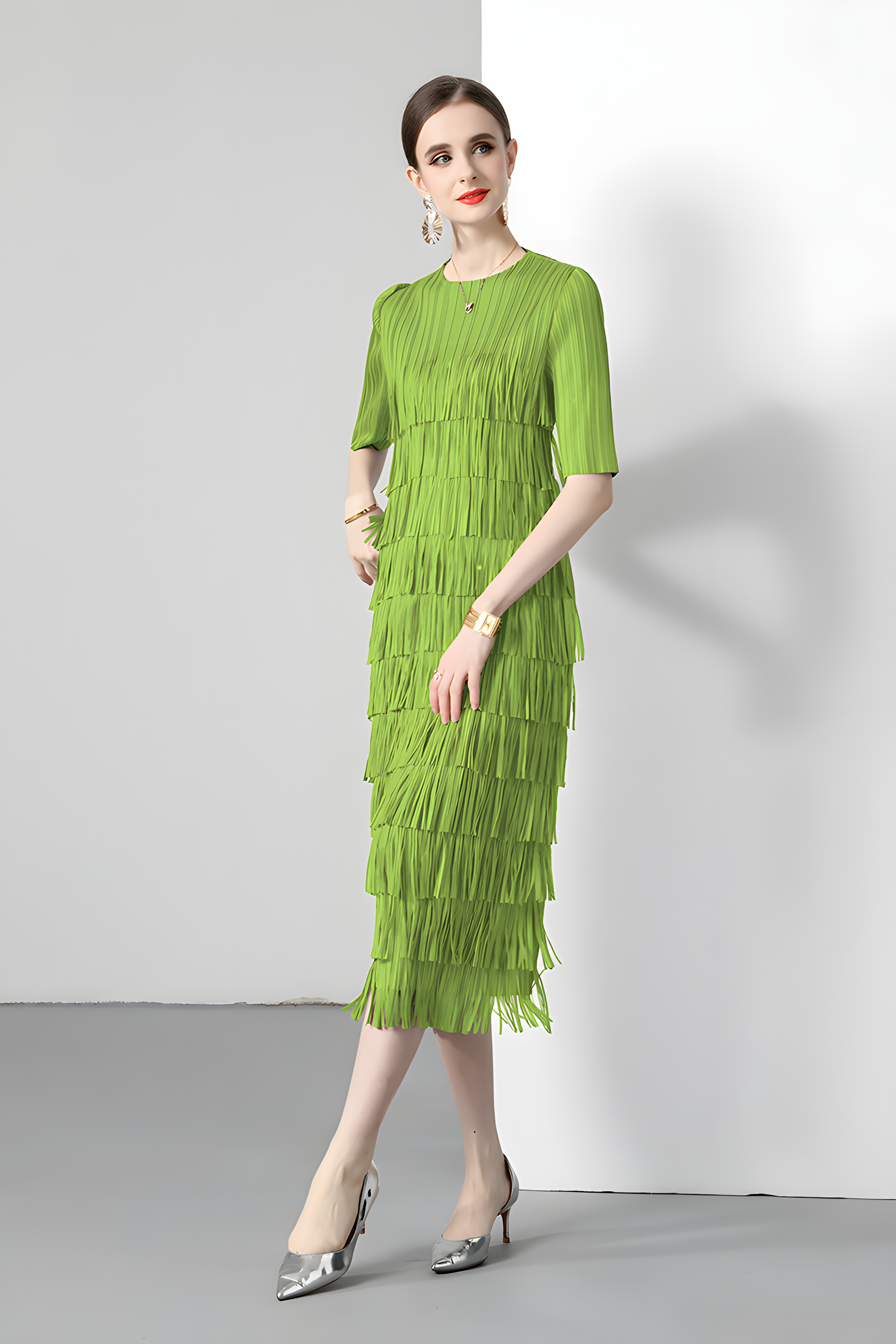 Multitier Fringe Stretchable Free Size Party Fluorescent Green Dress - 764154489541_ZY_FLO
