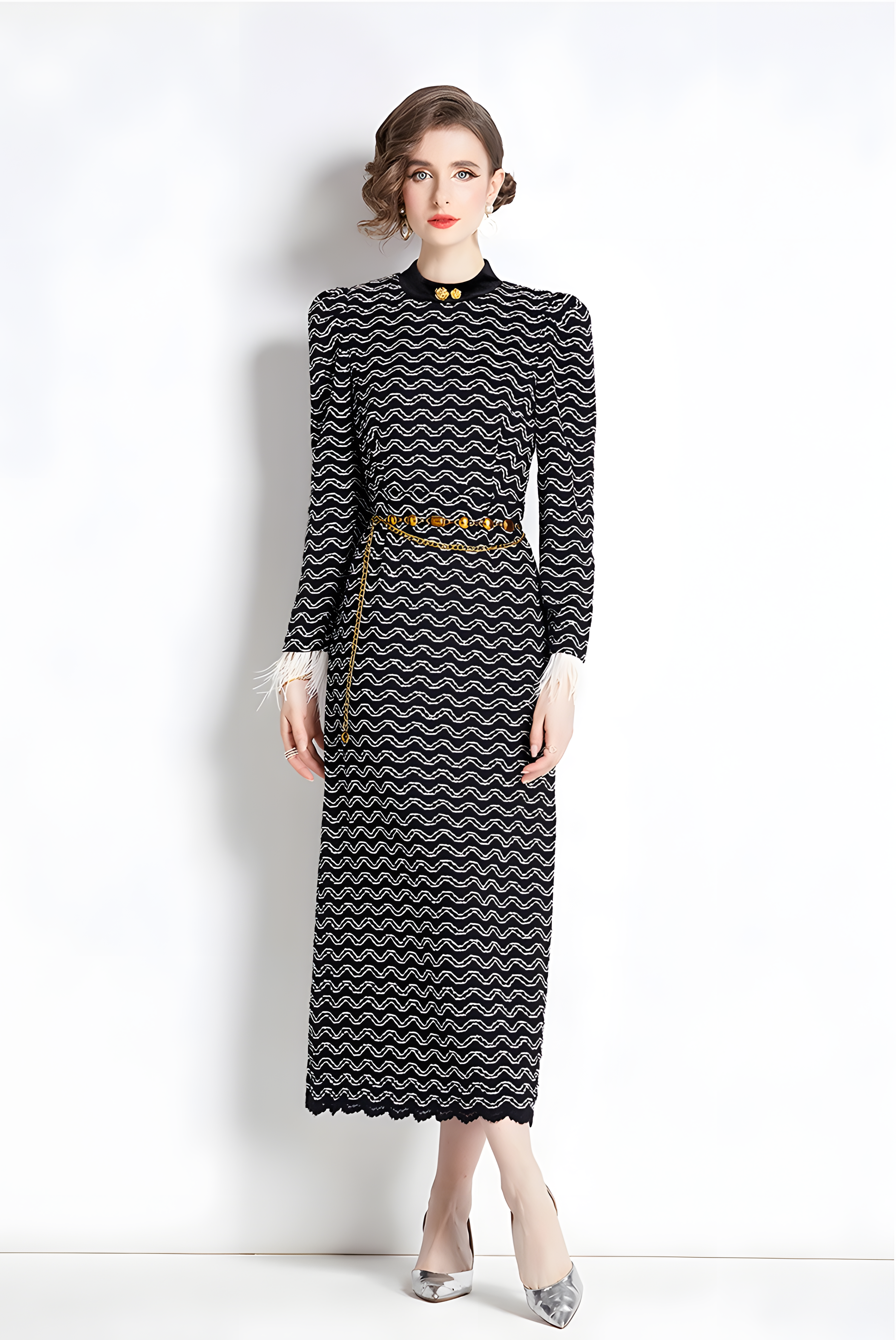 Feather Stitched Full Sleeves Thickened Fabric High Neck Body-fit Dress With Waist Chain - 750531053744_BLA