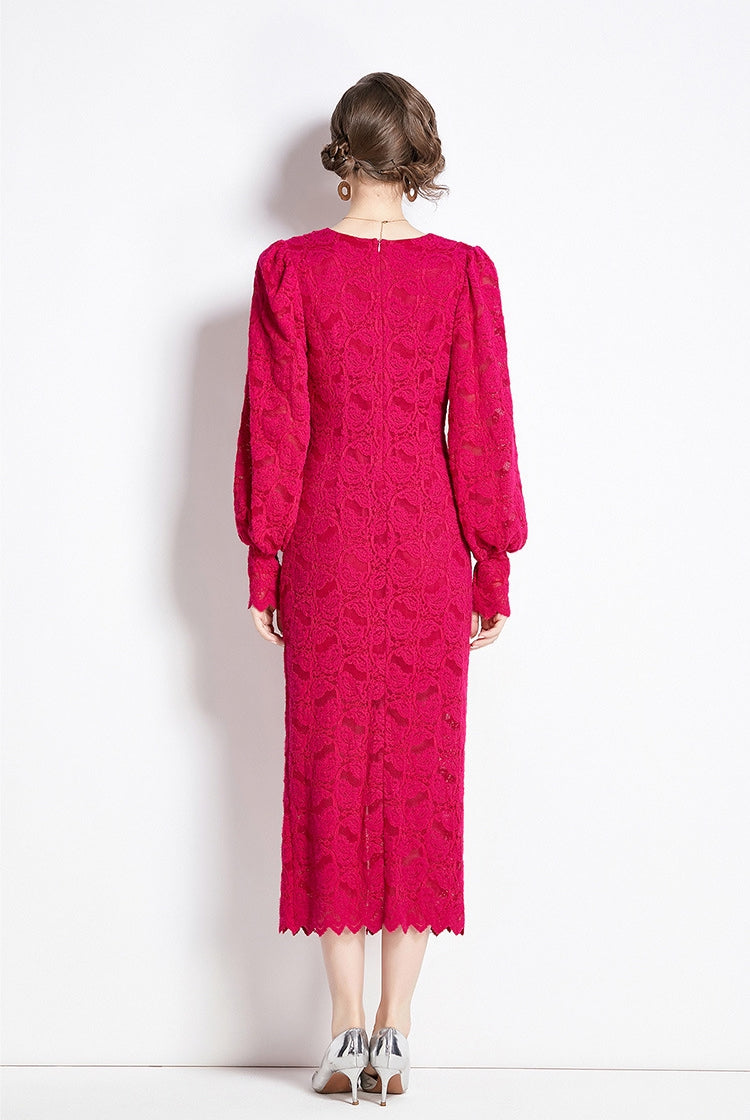 French Lace Long Sleeve V Neck Front Slit Body-fit Dress With Rose Belt - 750531237798_ROS