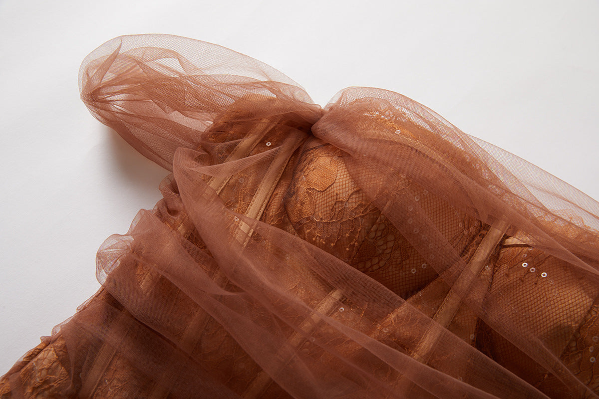 Embroidered Mesh And Sequin Corset Gown - 836766640227_BRO