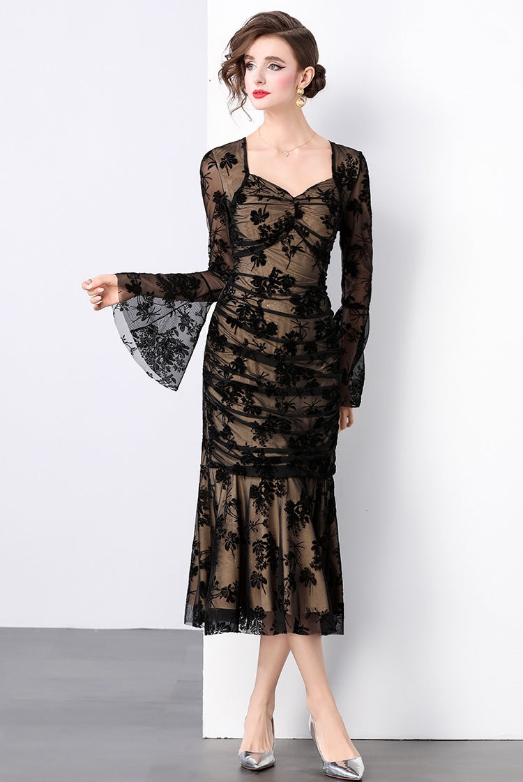 Fishtail Body-fit Ruched Full Sleeve Khaki Dress - 847852554211_BLACK