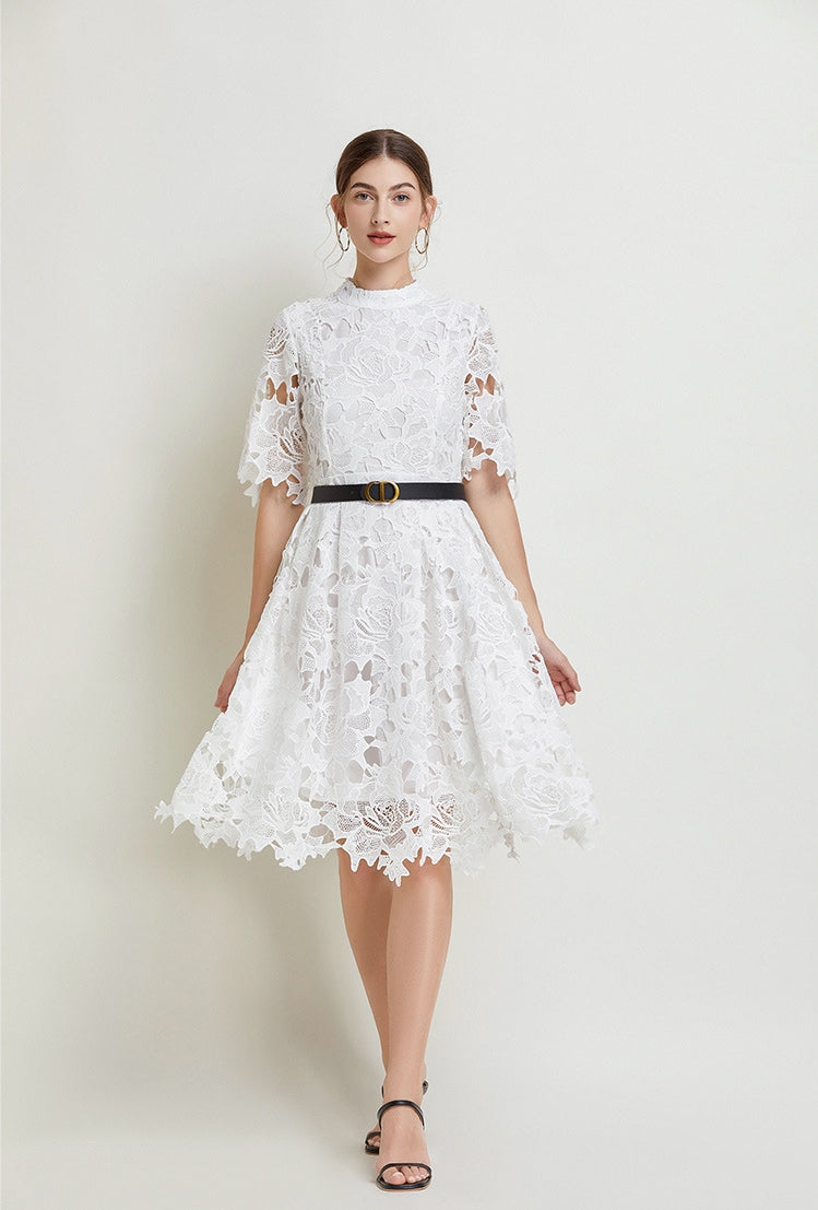 French Lace high Neck Short Dress With Belt - 812368811391_WHI