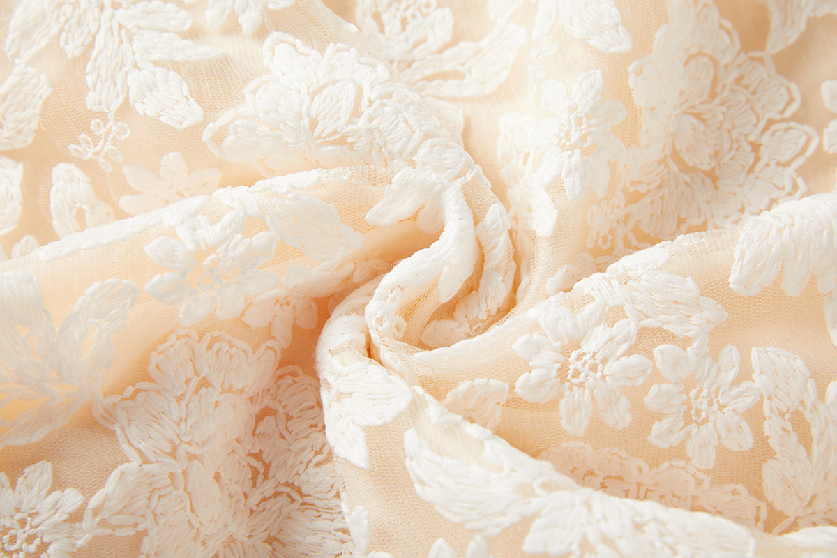 Ivory Lace Garden Dress with Heavy Embroidered Mesh Flocking and Corset Top - 821764686977_BEI (EOSS)