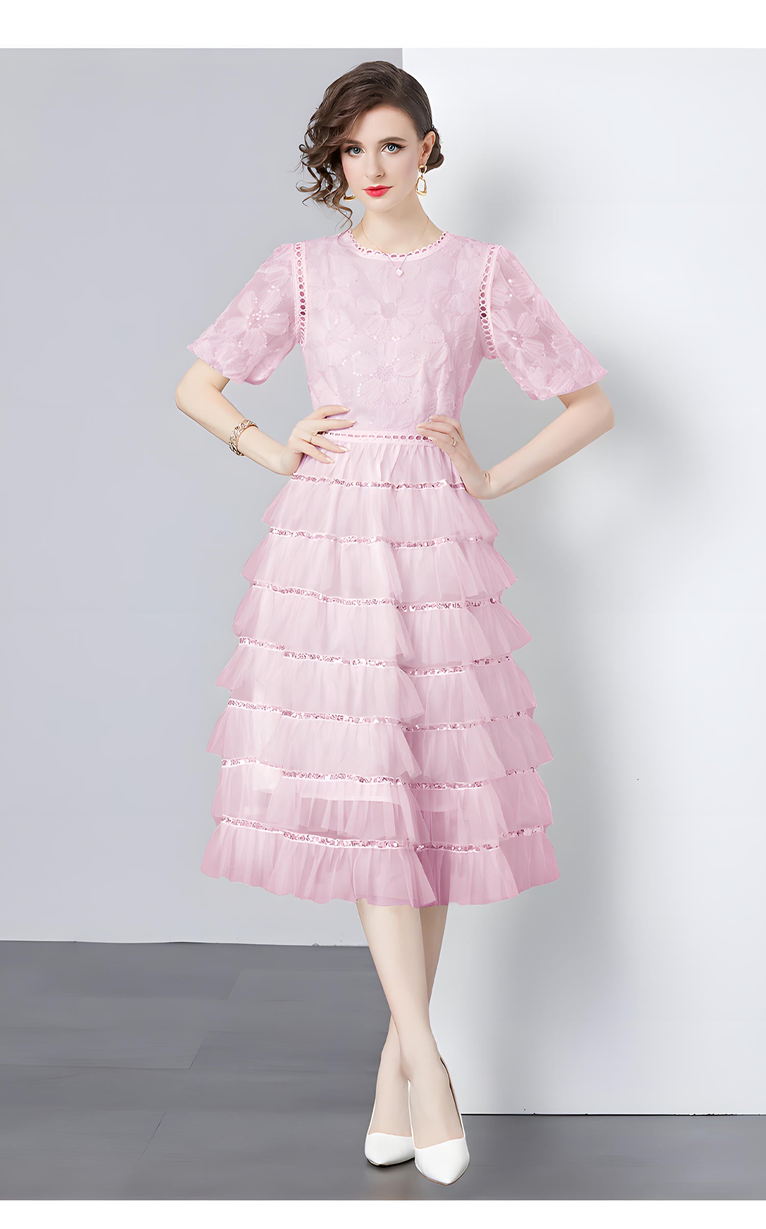 Multilayer Sequinned Mesh Skirt Flower Embroidered Vest Dress - 787365833312_PIN