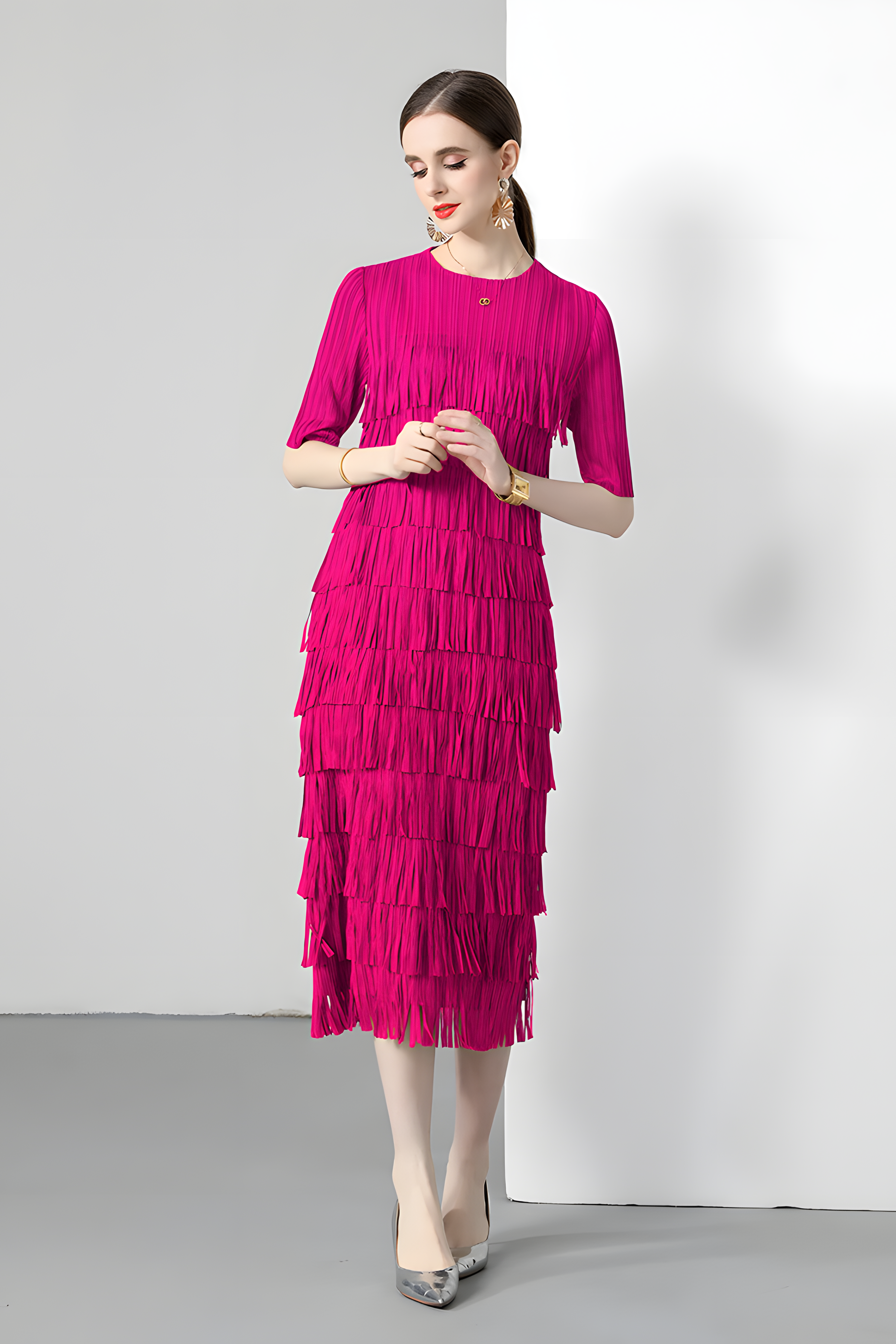 Multitier Fringe Stretchable Free Size Party Rose Red Dress - 764154489541_ZY_ROS