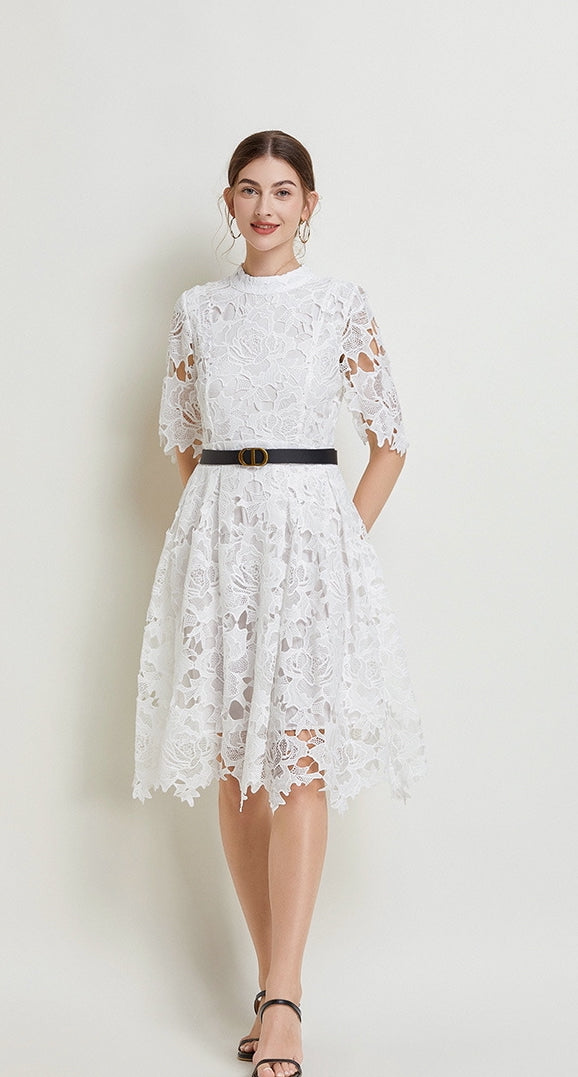 French Lace high Neck Short Dress With Belt - 812368811391_WHI