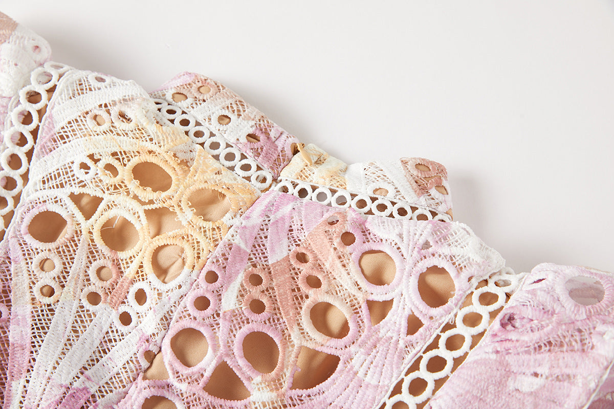 Luxury French Lace Pink Long Dress With Flutter Sleeve - 827491131616_PIN