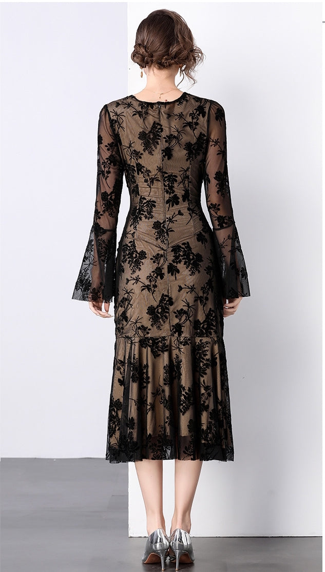 Fishtail Body-fit Ruched Full Sleeve Khaki Dress - 847852554211_BLACK