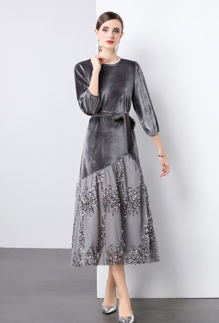 Velvet Mesh and Sequin Embellished Dress - 855932949530_GREY
