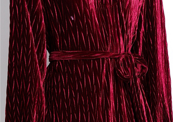 Diamond Embellished Heat Set Self Texture Velvet Dress - 855961209321_CLARET