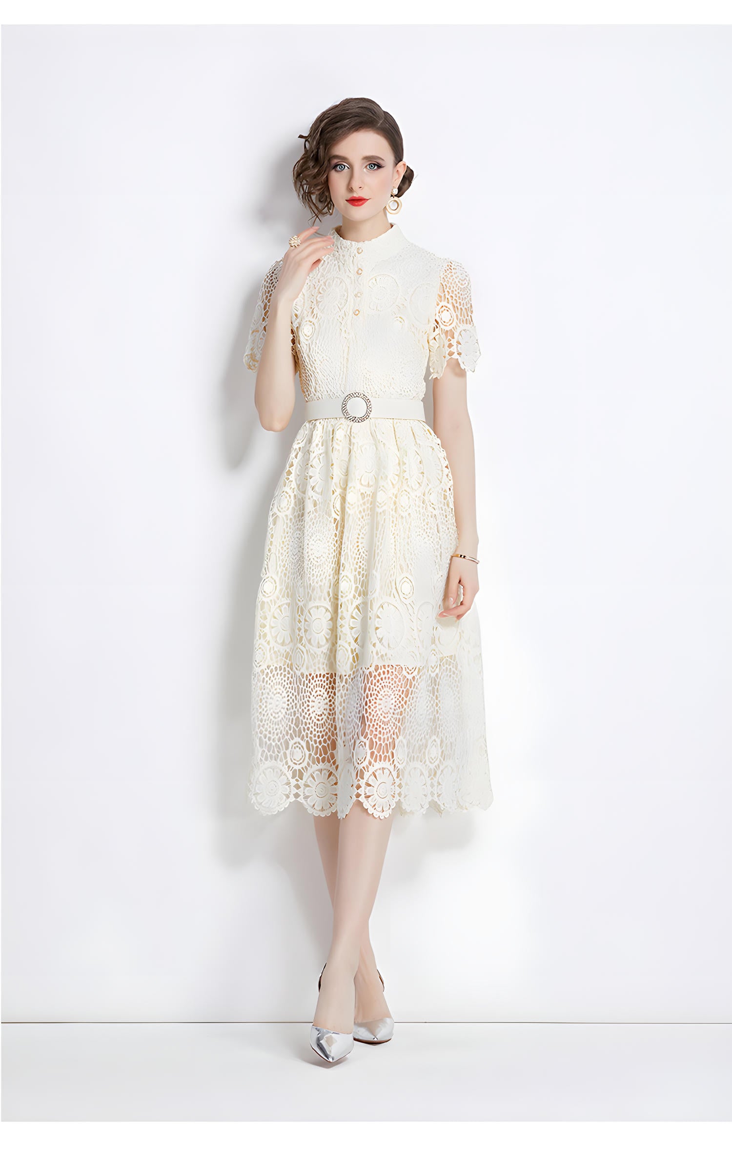 Luxury French Lace High Neck Front Button Apricot Dress With Belt - 500#609_APR