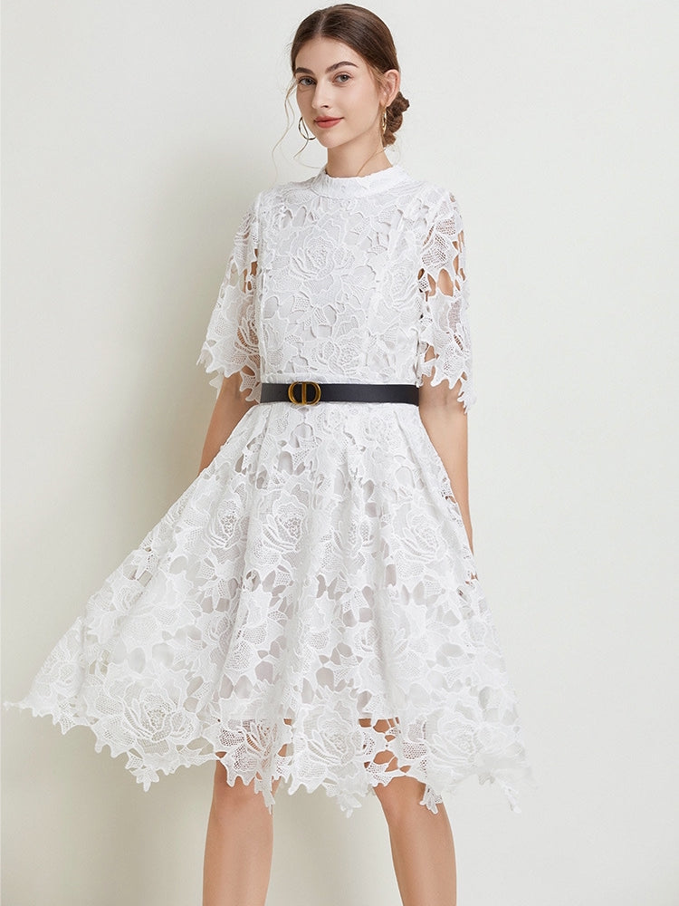 French Lace high Neck Short Dress With Belt - 812368811391_WHI