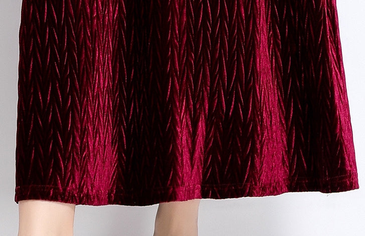 Diamond Embellished Heat Set Self Texture Velvet Dress - 855961209321_CLARET