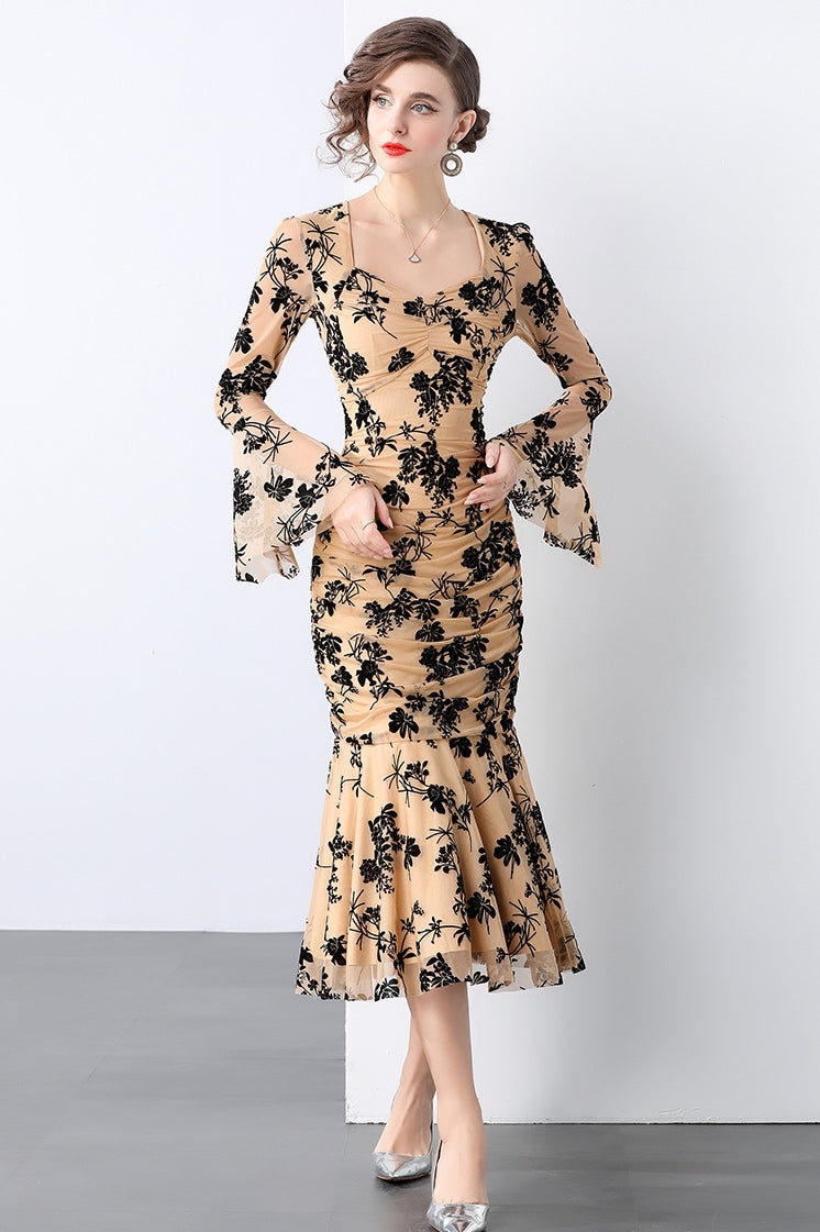 Fishtail Body-fit Ruched Full Sleeve Khaki Dress - 847852554211_KHAKI