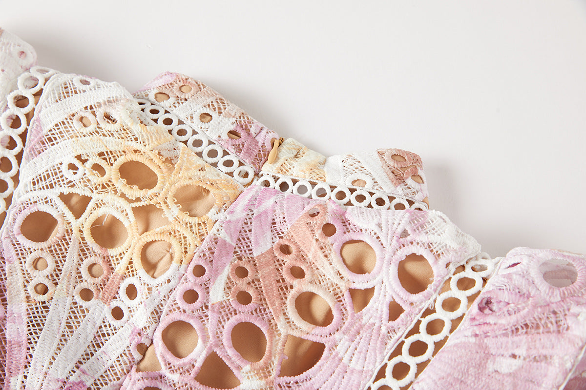 Luxury French Lace Pink Long Dress With Flutter Sleeve - 827491131616_PIN