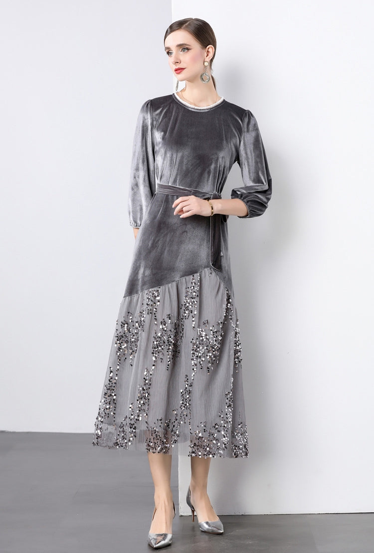 Velvet Mesh and Sequin Embellished Dress - 855932949530_GREY