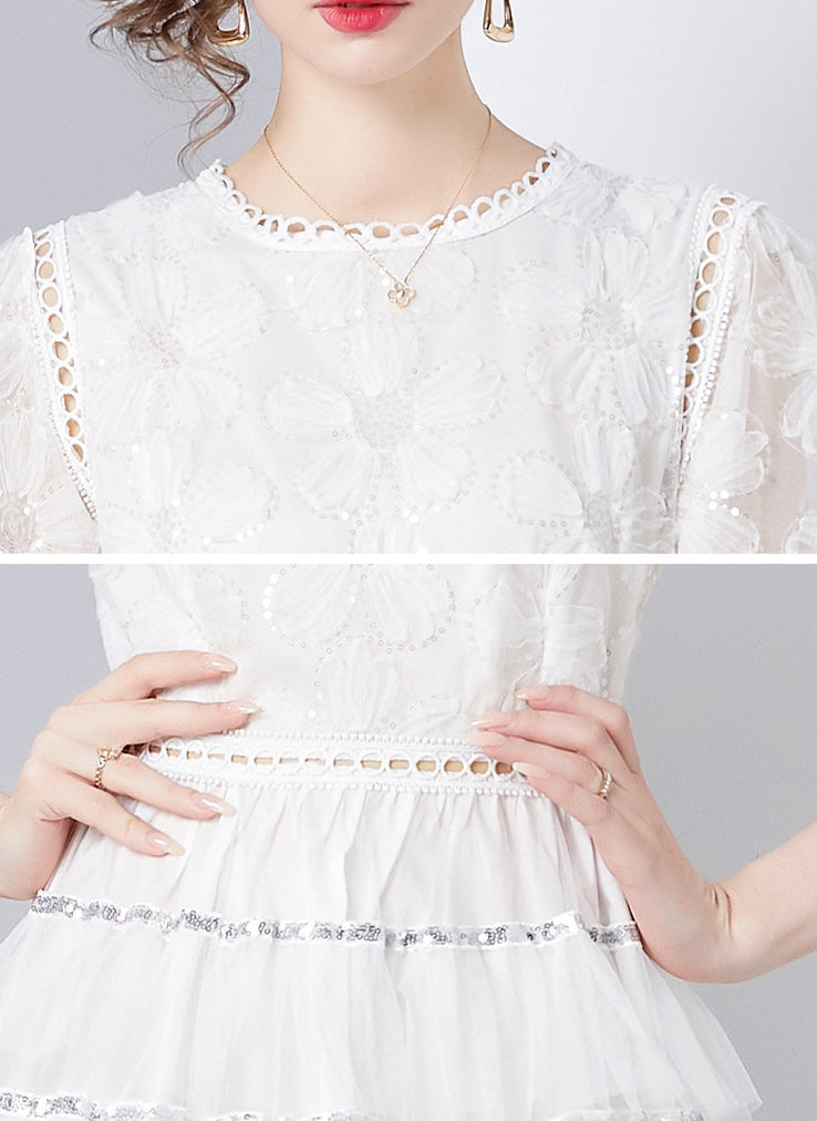 Multilayer Sequinned Mesh Skirt Flower Embroidered Vest Dress - 787365833312_WHI