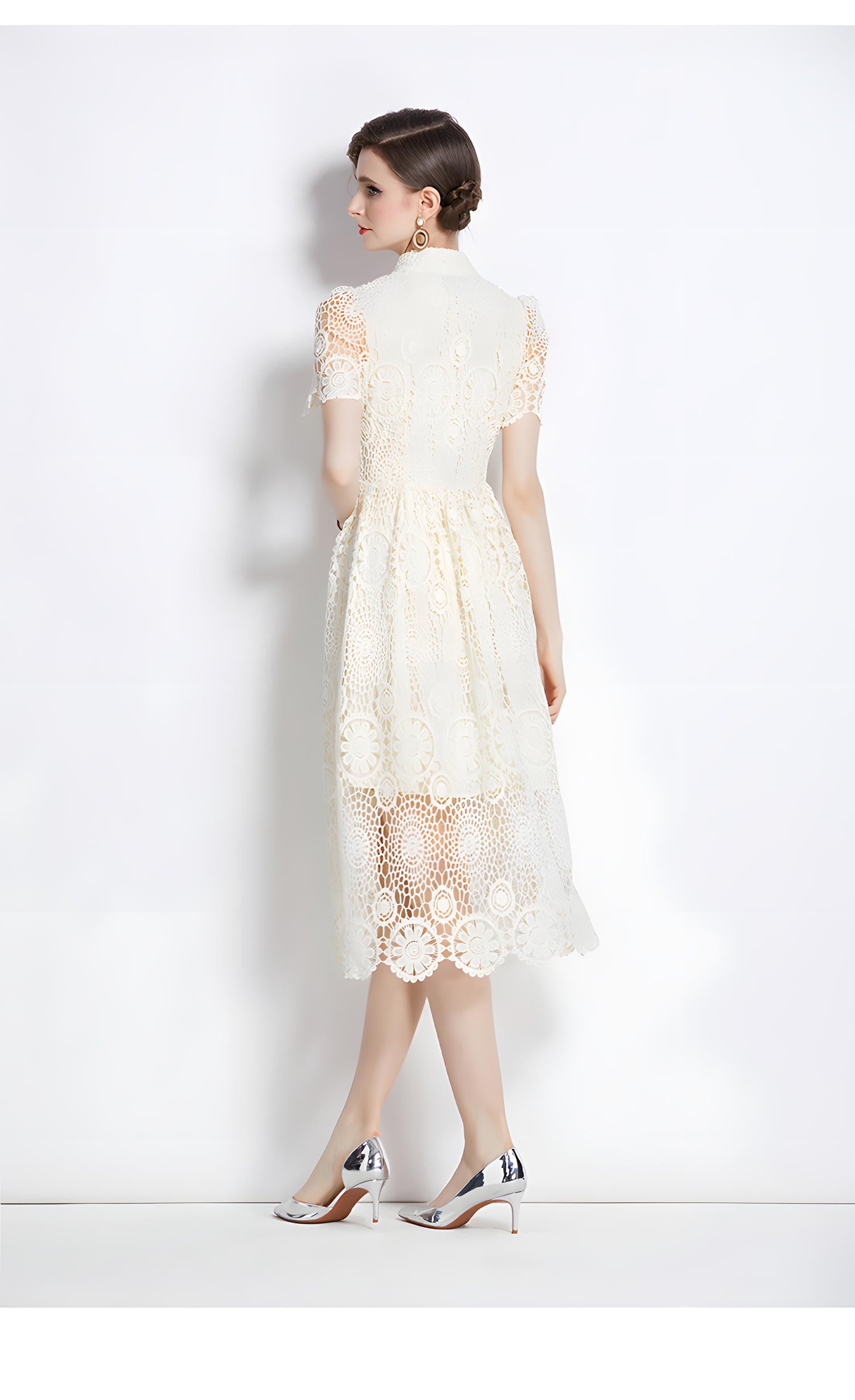 Luxury French Lace High Neck Front Button Apricot Dress With Belt - 500#609_APR