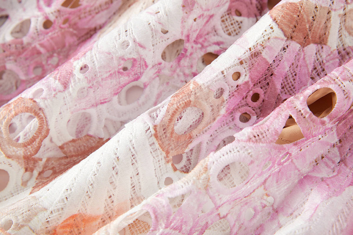 Luxury French Lace Pink Long Dress With Flutter Sleeve - 827491131616_PIN