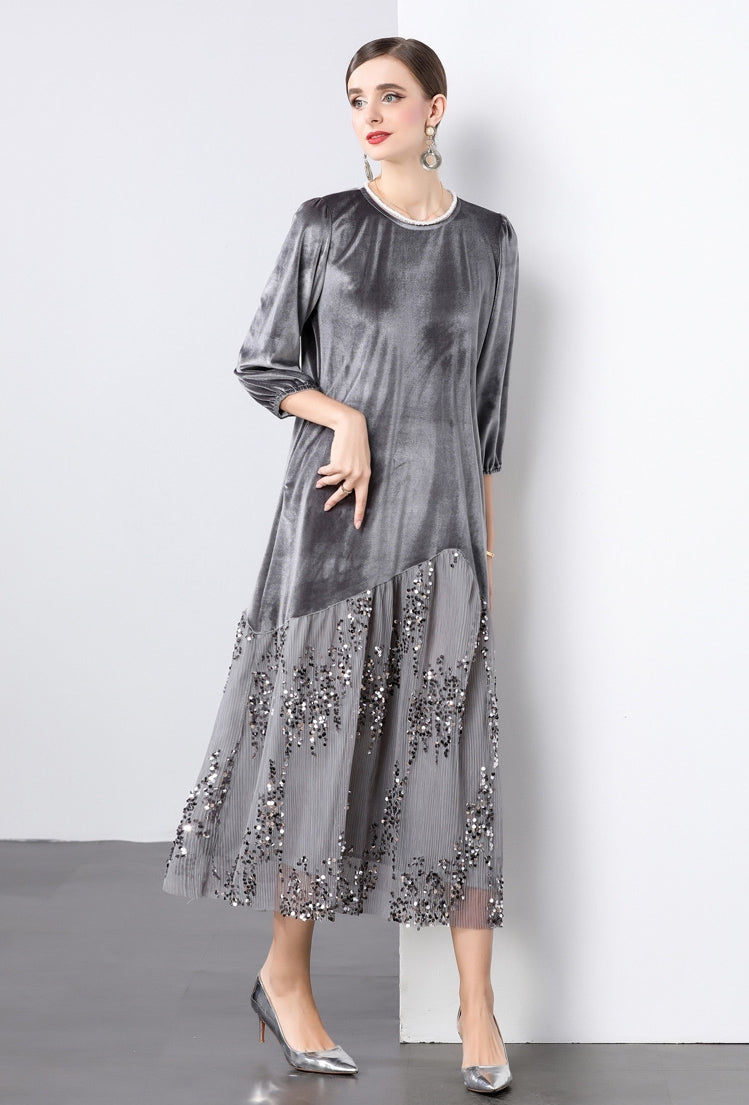 Velvet Mesh and Sequin Embellished Dress - 855932949530_GREY