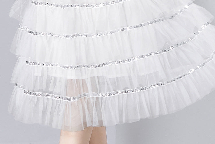 Multilayer Sequinned Mesh Skirt Flower Embroidered Vest Dress - 787365833312_WHI