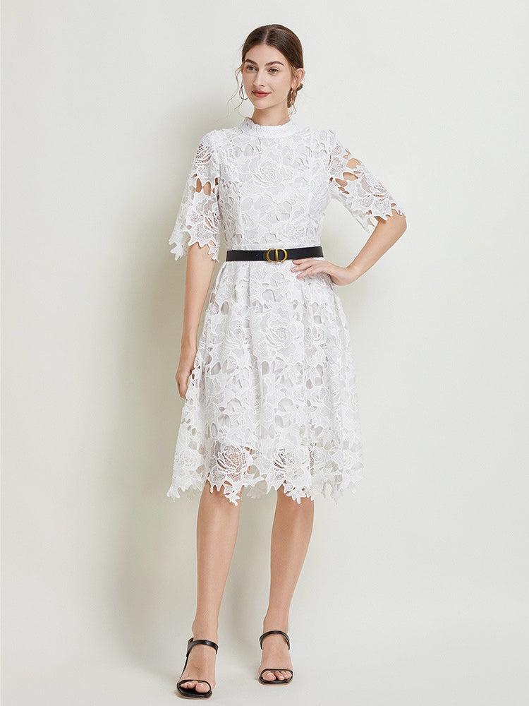 French Lace high Neck Short Dress With Belt - 812368811391_WHI