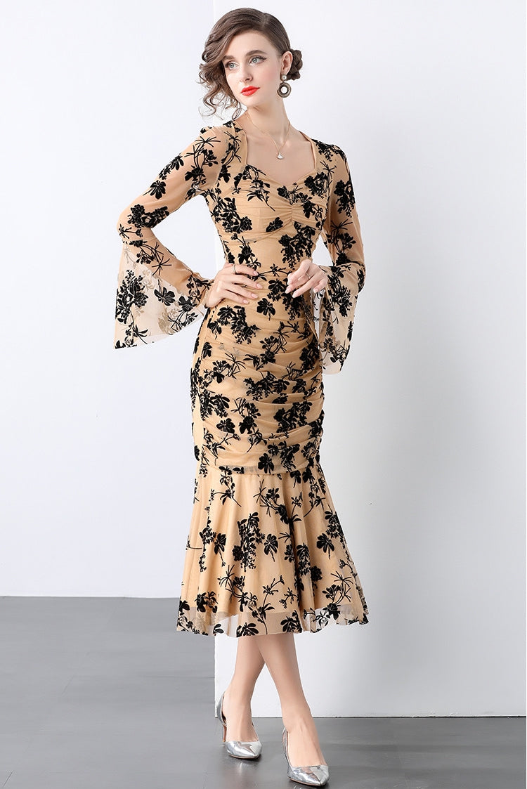 Fishtail Body-fit Ruched Full Sleeve Khaki Dress - 847852554211_KHAKI