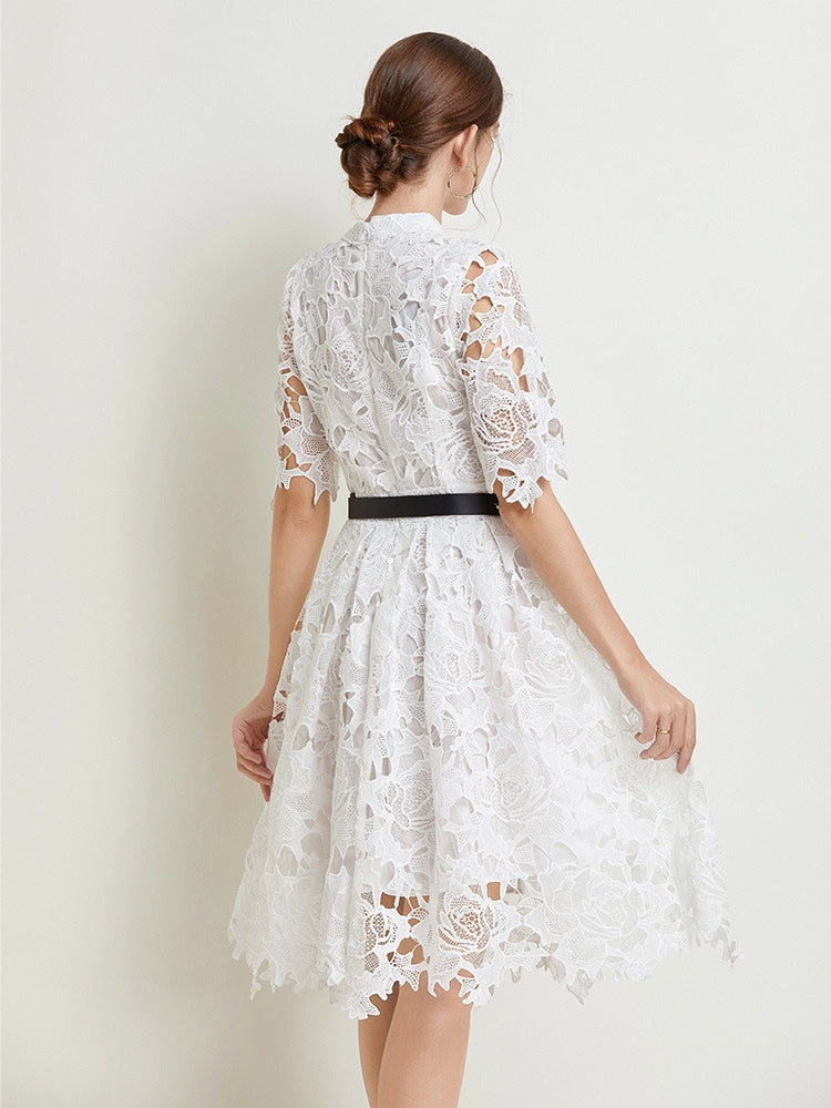 French Lace high Neck Short Dress With Belt - 812368811391_WHI