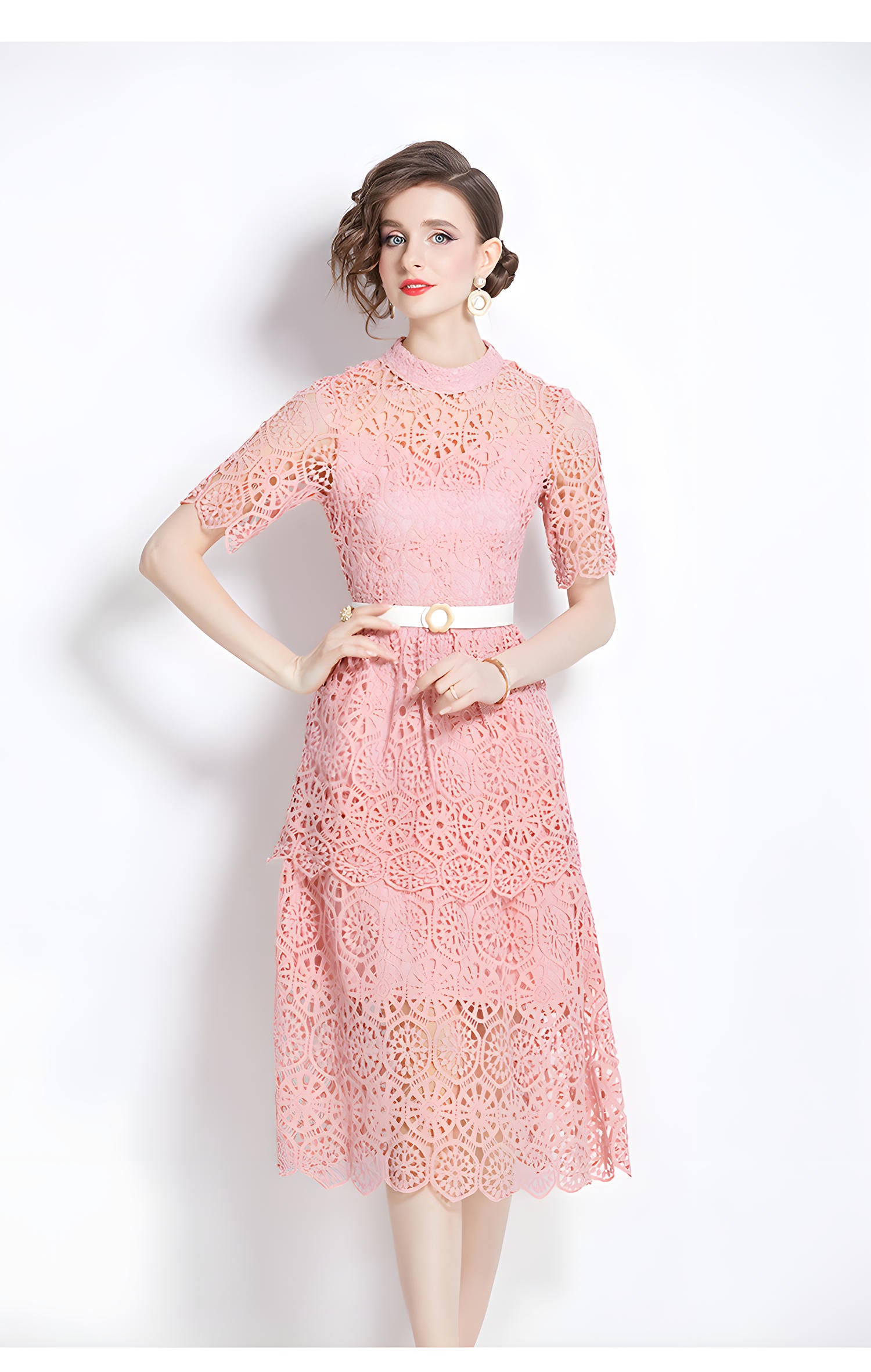 Luxury Multilayer French Lace High Neck Pink Dress With Belt - 510#609_PIN