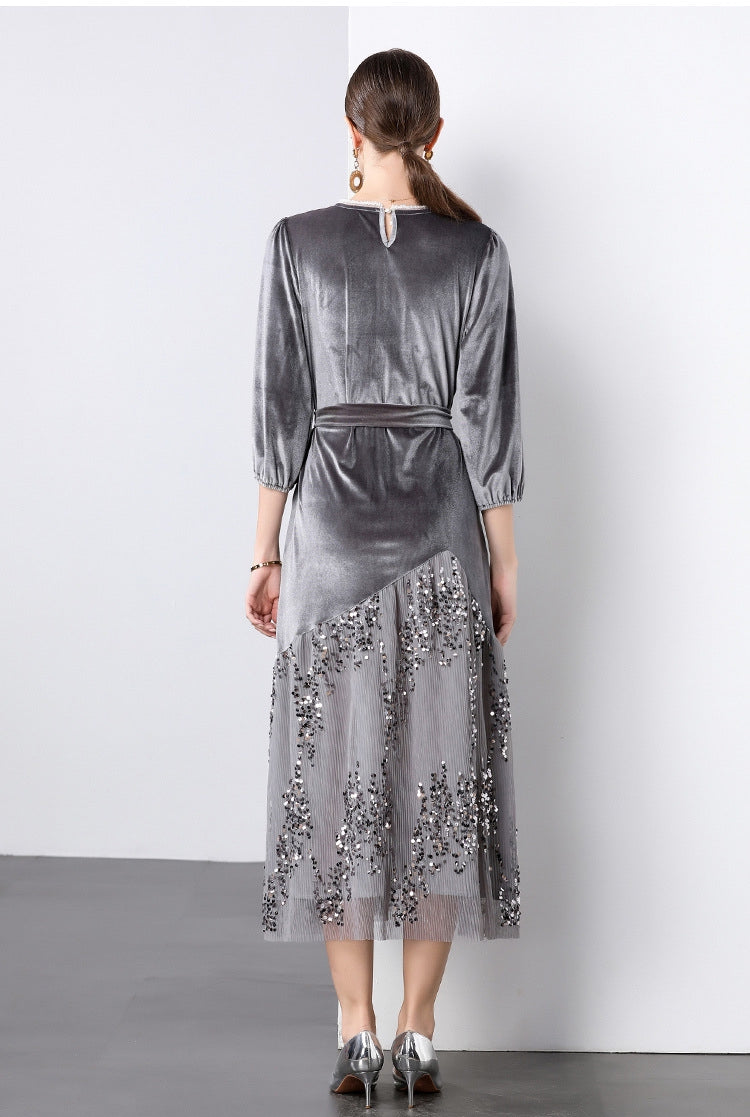 Velvet Mesh and Sequin Embellished Dress - 855932949530_GREY
