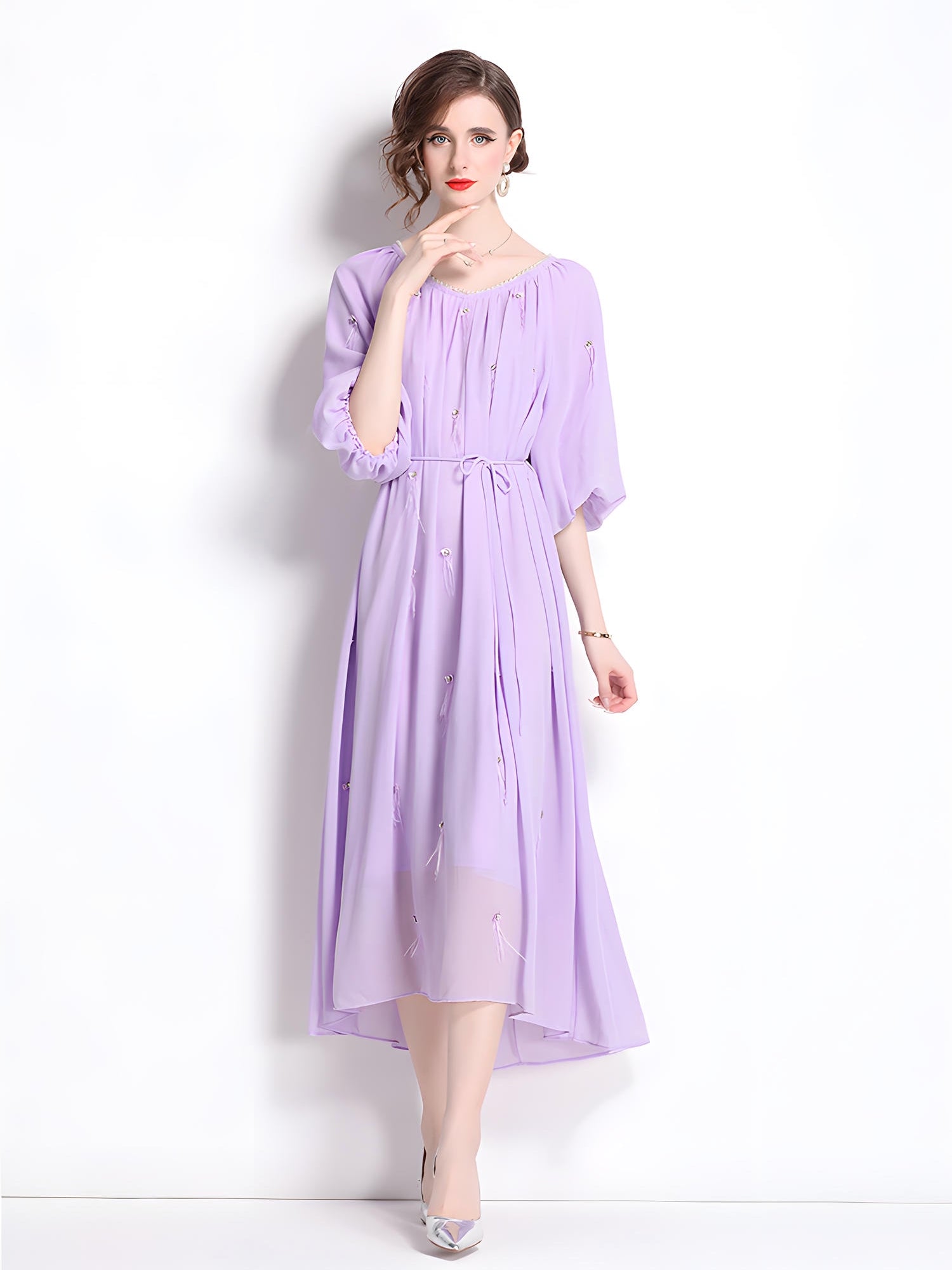 Tassel and Jewel Embellished Lavender Chiffon Dress - 808431656493_LAV