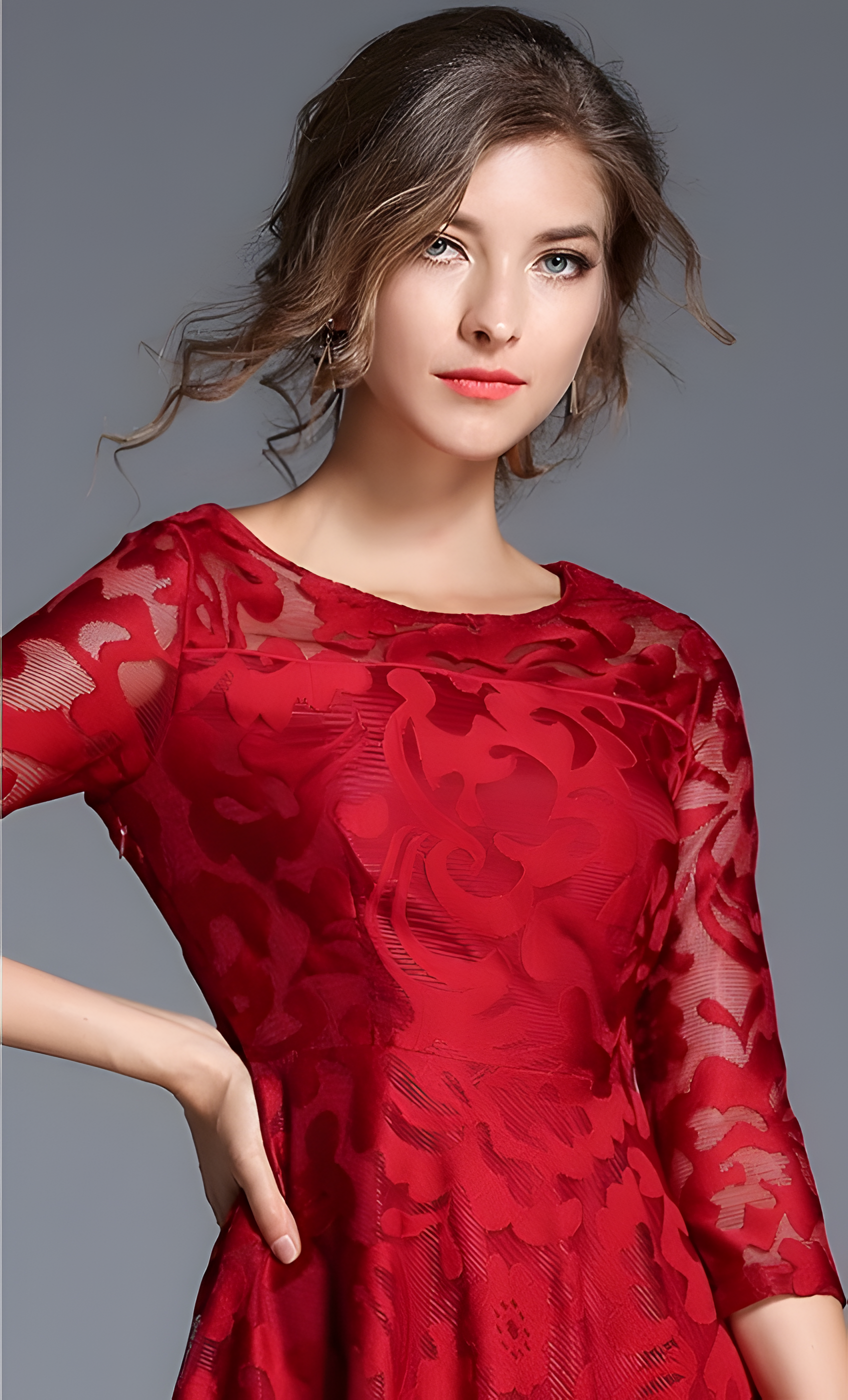 Lace Flocking Boat Neck Fitted Vest Large Hem Skirt Dress - 607715875502_CLARET