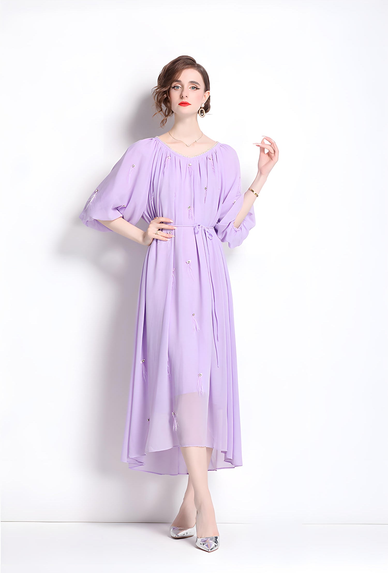 Tassel and Jewel Embellished Lavender Chiffon Dress - 808431656493_LAV
