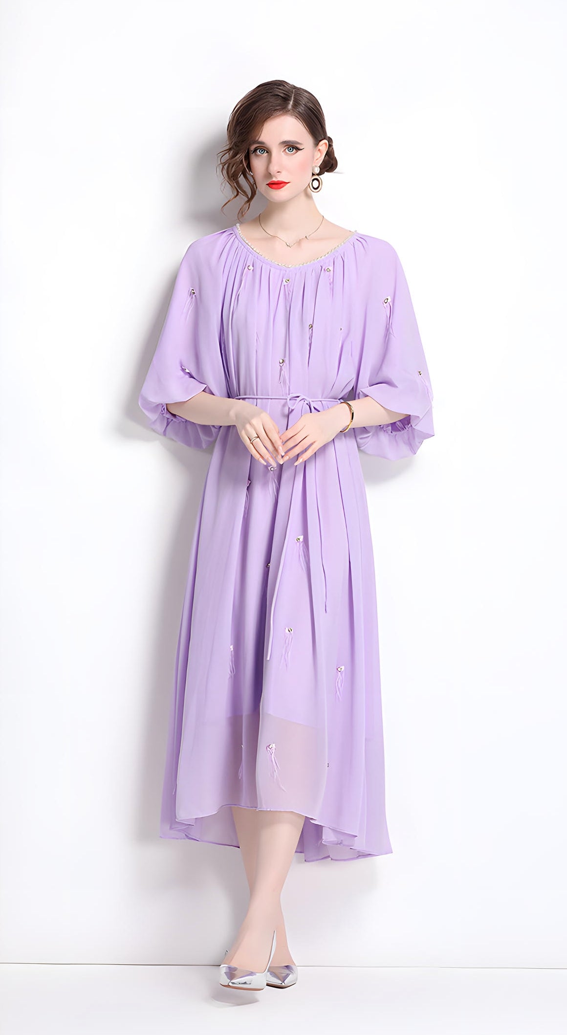 Tassel and Jewel Embellished Lavender Chiffon Dress - 808431656493_LAV