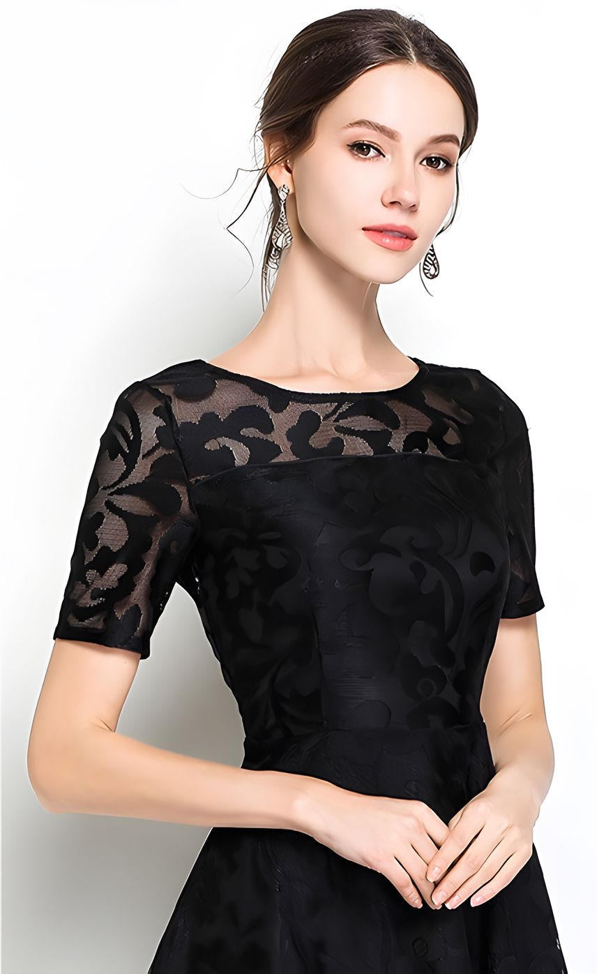 Lace Flocking Boat Neck Fitted Vest Large Hem Skirt Dress - 8999609_BLACK (EOSS)